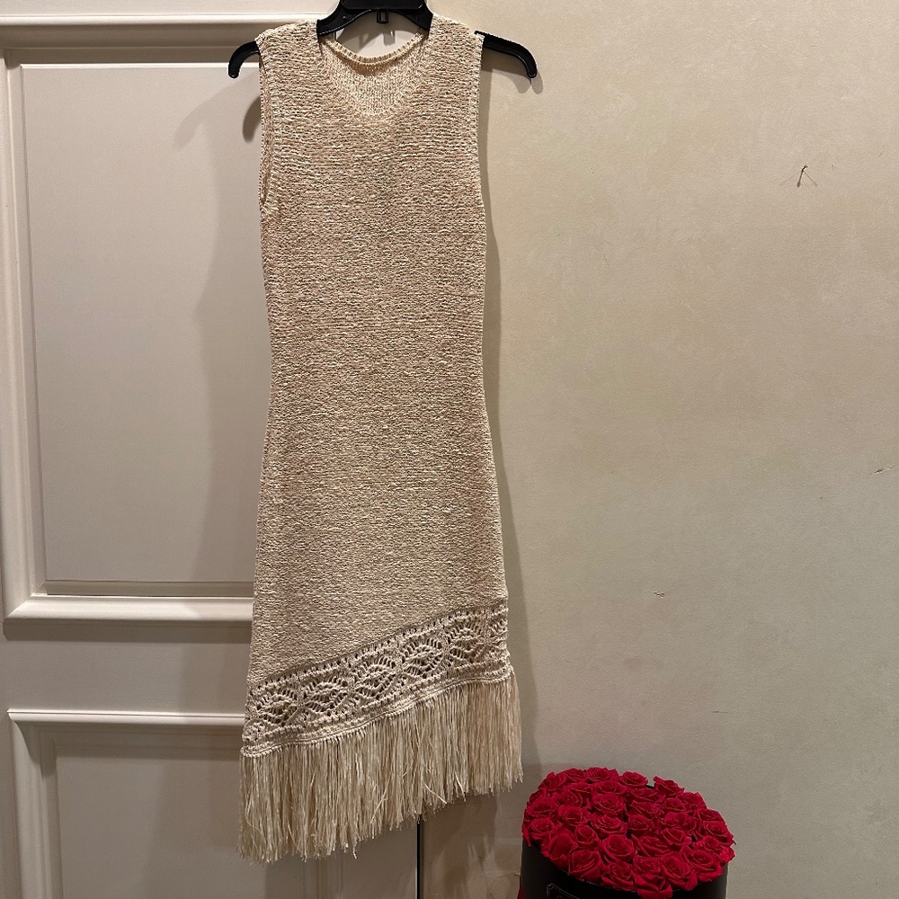 Off White stretch knit dress with fringes, size Small, sleeveless